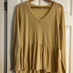 Lush Yellow Ribbed Peplum Long Sleeve Top